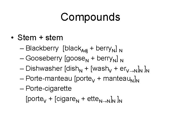 Compounds • Stem + stem – Blackberry [black. Adj + berry. N] N –