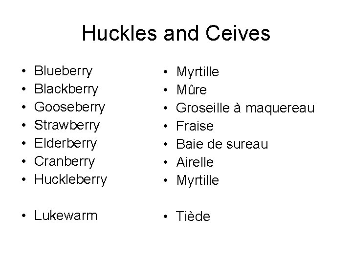 Huckles and Ceives • • Blueberry Blackberry Gooseberry Strawberry Elderberry Cranberry Huckleberry • Lukewarm