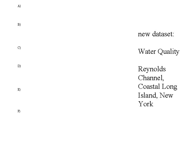 A) B) new dataset: C) Water Quality D) Reynolds Channel, Coastal Long Island, New