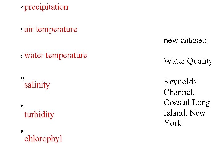 precipitation A) air temperature B) new dataset: water temperature C) Water Quality D) Reynolds