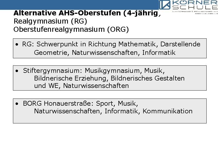 Alternative AHS-Oberstufen (4 -jährig) Realgymnasium (RG) Oberstufenrealgymnasium (ORG) • RG: Schwerpunkt in Richtung Mathematik,