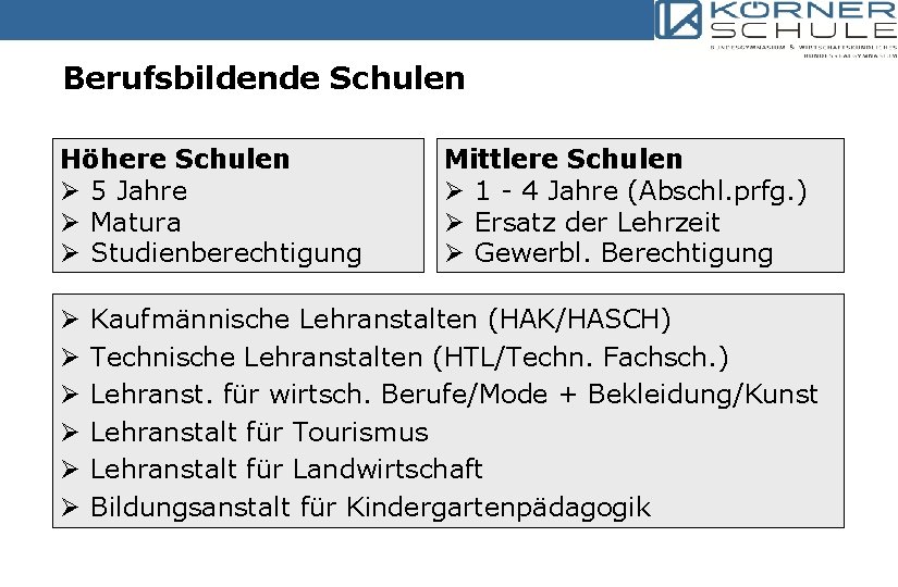 Berufsbildende Schulen Höhere Schulen Ø 5 Jahre Ø Matura Ø Studienberechtigung Ø Ø Ø