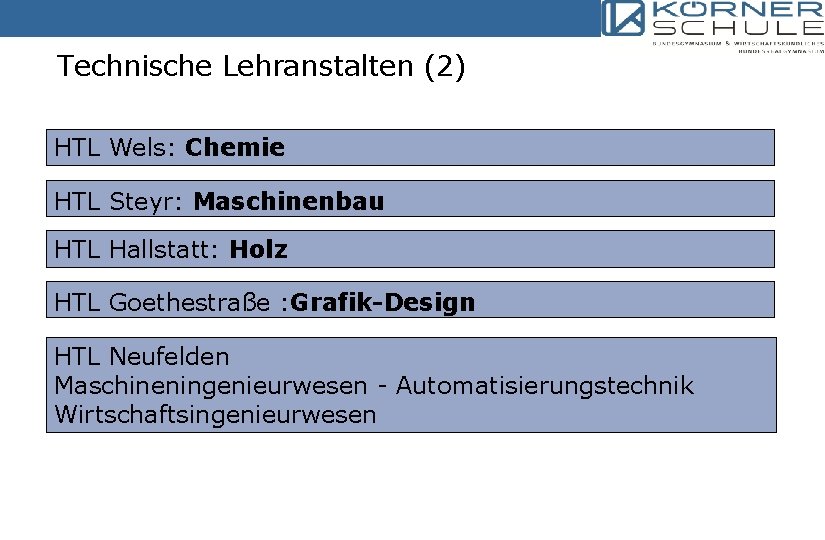 Technische Lehranstalten (2) HTL Wels: Chemie HTL Steyr: Maschinenbau HTL Hallstatt: Holz HTL Goethestraße