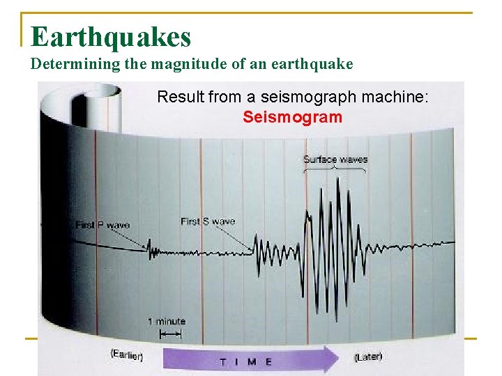 Earthquakes Determining the magnitude of an earthquake Result from a seismograph machine: Seismogram 