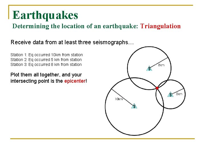 Earthquakes Determining the location of an earthquake: Triangulation Receive data from at least three