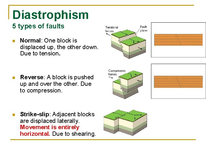 Diastrophism 5 types of faults n Normal: One block is displaced up, the other