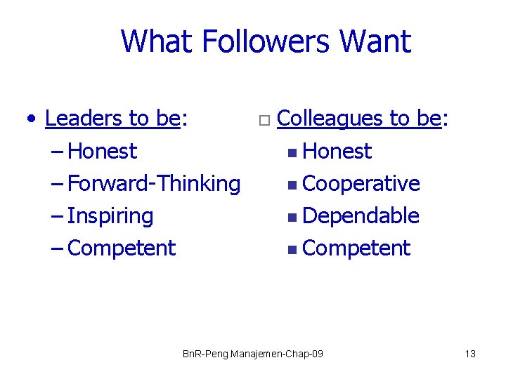 What Followers Want • Leaders to be: – Honest – Forward-Thinking – Inspiring –