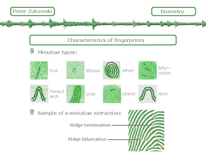 Peter Zukowski Biometry Characteristics of fingerprints Minutiae types: Rod Ellipsis Whorl Bifurcation Tented arch