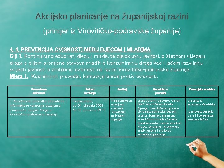 Akcijsko planiranje na županijskoj razini (primjer iz Virovitičko-podravske županije) 4. 4. PREVENCIJA OVISNOSTI MEĐU