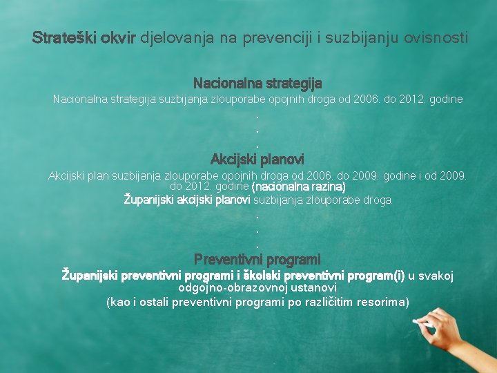Strateški okvir djelovanja na prevenciji i suzbijanju ovisnosti Nacionalna strategija suzbijanja zlouporabe opojnih droga
