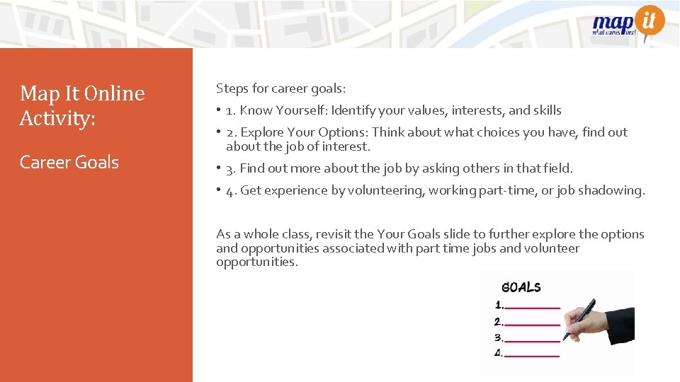 Map It Online Activity: Career Goals Steps for career goals: • 1. Know Yourself: