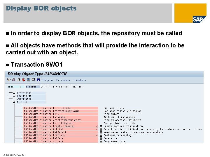 Display BOR objects n In order to display BOR objects, the repository must be