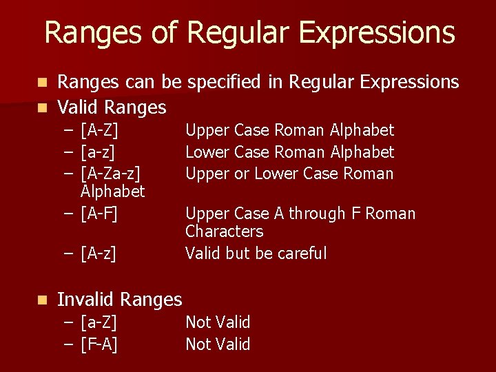 Ranges of Regular Expressions Ranges can be specified in Regular Expressions n Valid Ranges