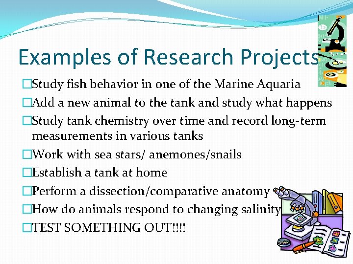 Examples of Research Projects �Study fish behavior in one of the Marine Aquaria �Add