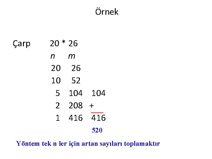 Örnek Çarp 20 * 26 n m 20 26 10 52 5 104 2