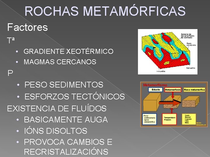 ROCHAS METAMÓRFICAS Factores Tª • GRADIENTE XEOTÉRMICO • MAGMAS CERCANOS P • PESO SEDIMENTOS