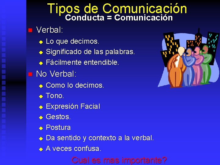 Tipos de Comunicación Conducta = Comunicación n Verbal: u u u n Lo que