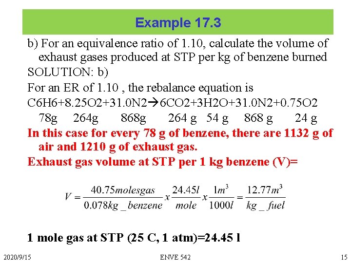 Example 17. 3 b) For an equivalence ratio of 1. 10, calculate the volume