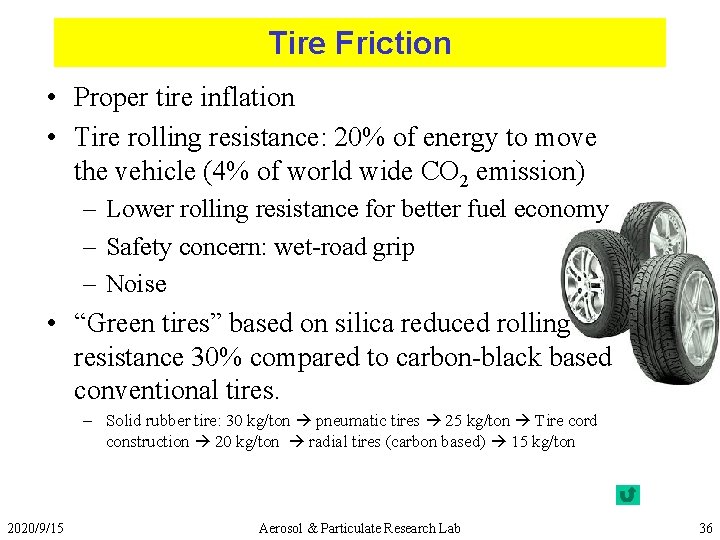 Tire Friction • Proper tire inflation • Tire rolling resistance: 20% of energy to