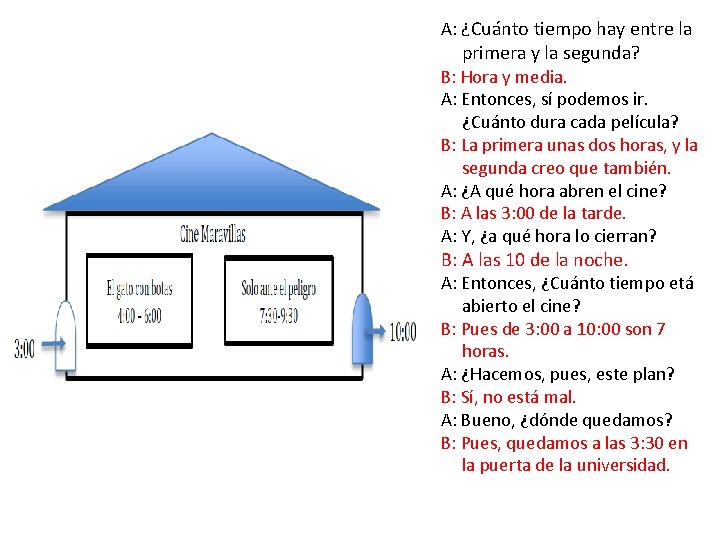 A: ¿Cuánto tiempo hay entre la primera y la segunda? B: Hora y media.