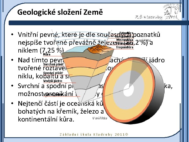 Geologické složení Země • Vnitřní pevné, které je dle současných poznatků nejspíše tvořené převážně