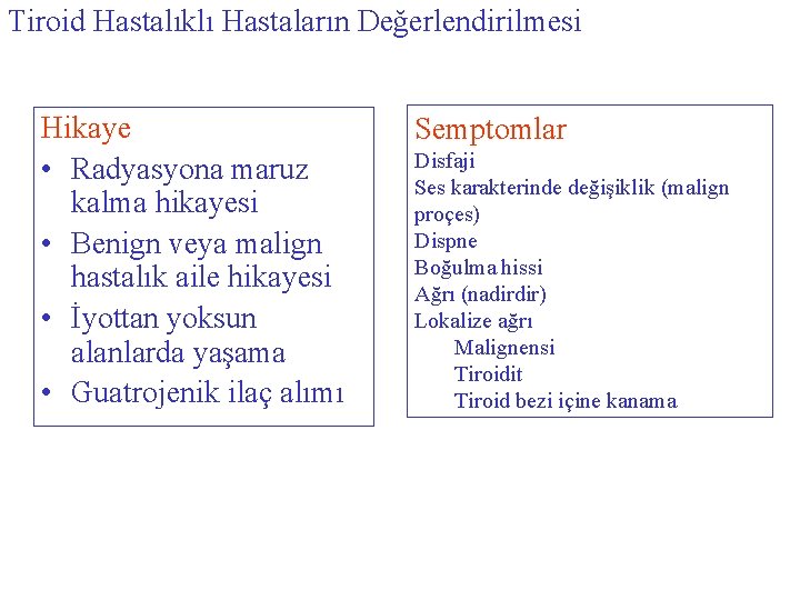 Tiroid Hastalıklı Hastaların Değerlendirilmesi Hikaye • Radyasyona maruz kalma hikayesi • Benign veya malign