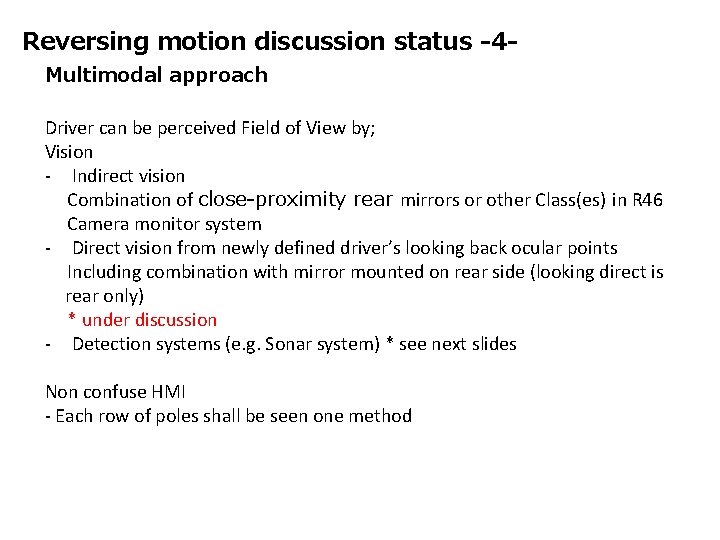 Reversing motion discussion status -4 Multimodal approach Driver can be perceived Field of View