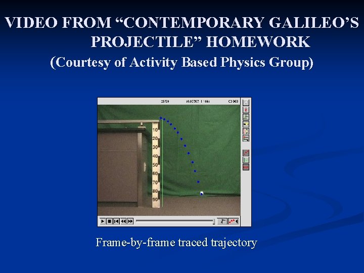 VIDEO FROM “CONTEMPORARY GALILEO’S PROJECTILE” HOMEWORK (Courtesy of Activity Based Physics Group) Frame-by-frame traced