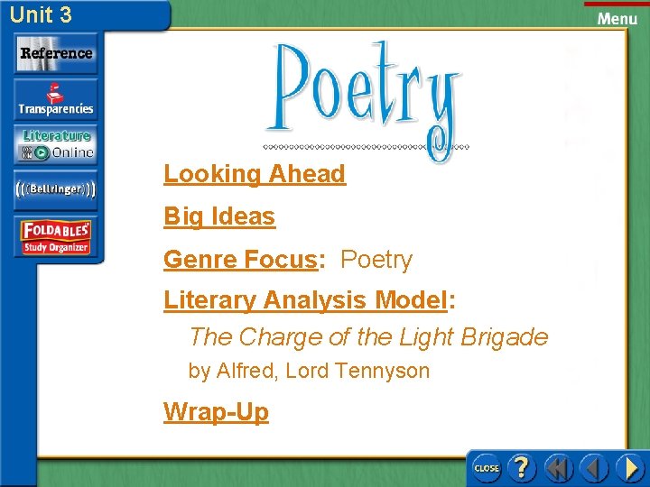 Unit 3 Looking Ahead Big Ideas Genre Focus: Poetry Literary Analysis Model: The Charge