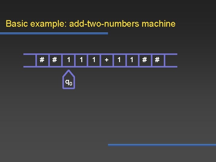 Basic example: add-two-numbers machine # # 1 q 0 1 1 + 1 1