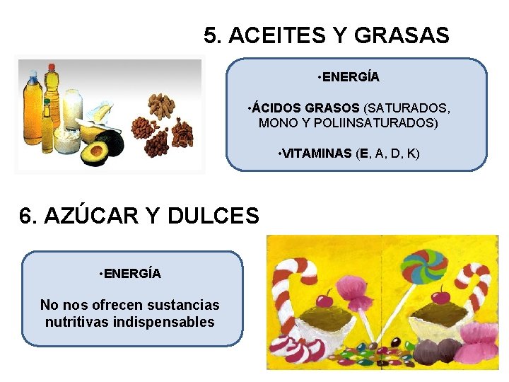 5. ACEITES Y GRASAS • ENERGÍA • ÁCIDOS GRASOS (SATURADOS, MONO Y POLIINSATURADOS) •