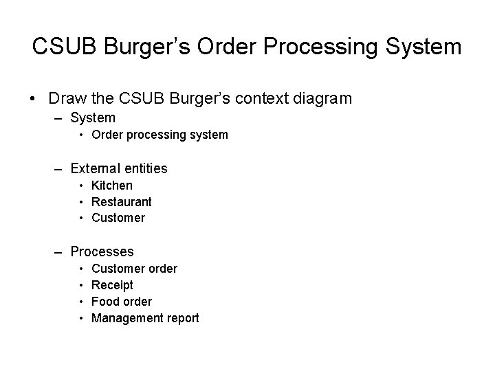 CSUB Burger’s Order Processing System • Draw the CSUB Burger’s context diagram – System CSUB Burger’s Order Processing System • Draw the CSUB Burger’s context diagram – System