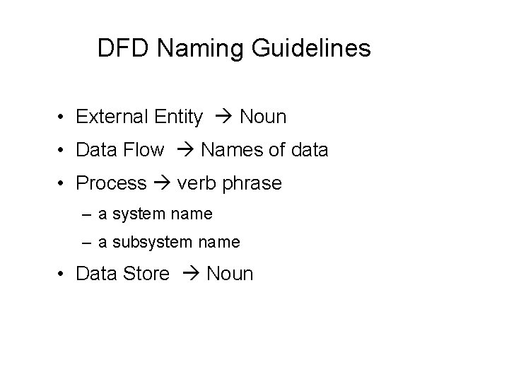 DFD Naming Guidelines • External Entity Noun • Data Flow Names of data •