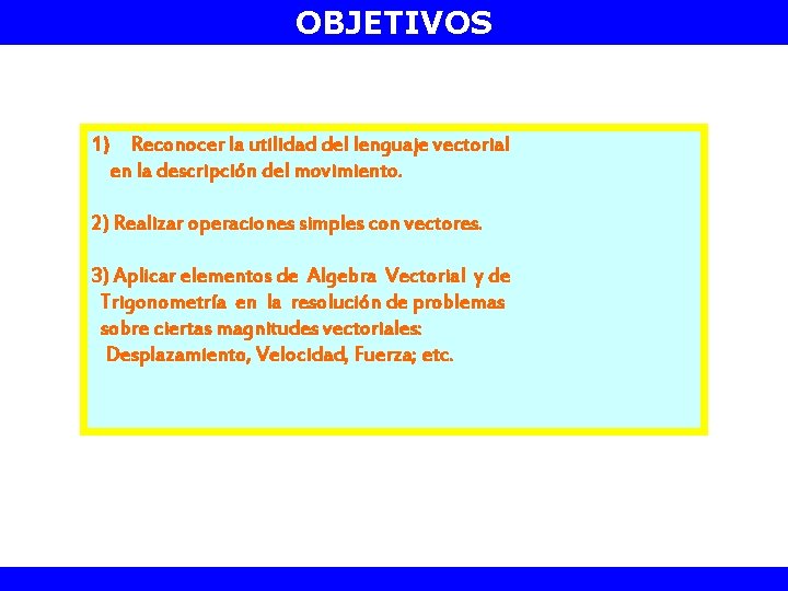 OBJETIVOS 1) Reconocer la utilidad del lenguaje vectorial en la descripción del movimiento. 2)