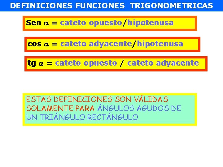 DEFINICIONES FUNCIONES TRIGONOMETRICAS Sen = cateto opuesto/hipotenusa cos = cateto adyacente/hipotenusa tg = cateto
