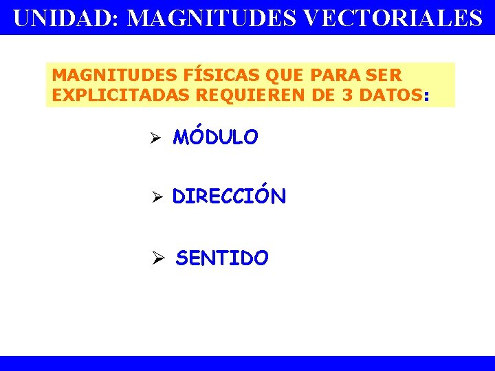 UNIDAD: MAGNITUDES VECTORIALES MAGNITUDES FÍSICAS QUE PARA SER EXPLICITADAS REQUIEREN DE 3 DATOS: Ø