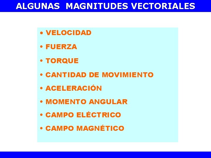 ALGUNAS MAGNITUDES VECTORIALES • VELOCIDAD • FUERZA • TORQUE • CANTIDAD DE MOVIMIENTO •