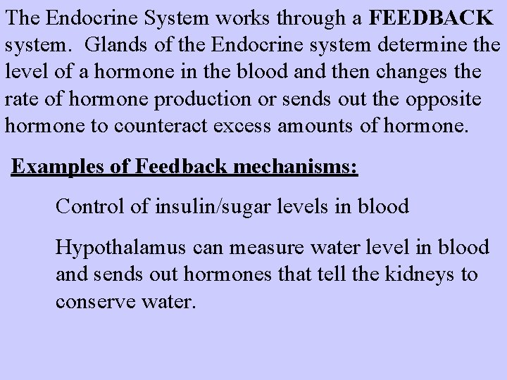 The Endocrine System works through a FEEDBACK system. Glands of the Endocrine system determine