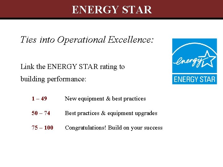 ENERGY STAR Ties into Operational Excellence: Link the ENERGY STAR rating to building performance: