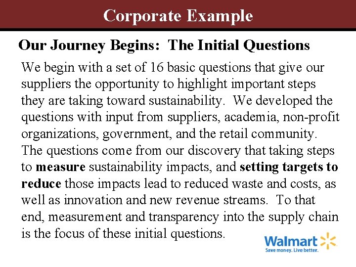 Corporate Example Our Journey Begins: The Initial Questions We begin with a set of