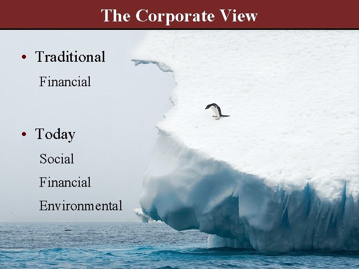 The Corporate View • Traditional Financial • Today Social Financial Environmental 