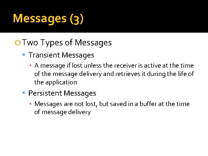 Messages (3) Two Types of Messages Transient Messages ▪ A message if lost unless