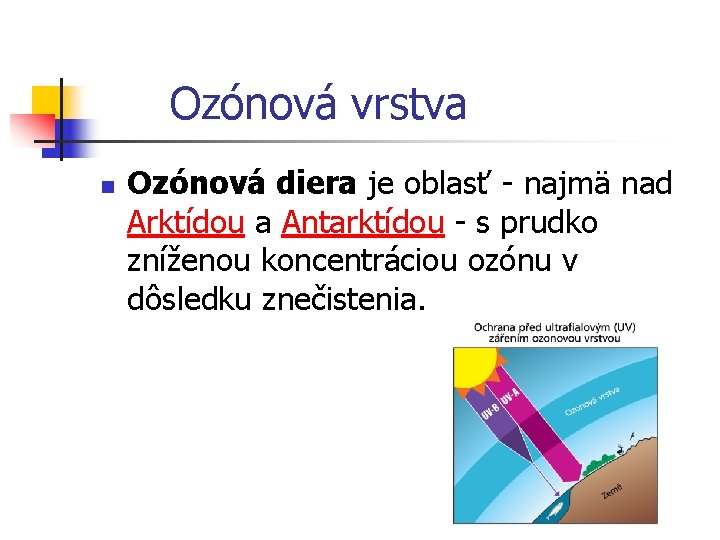 Ozónová vrstva n Ozónová diera je oblasť - najmä nad Arktídou a Antarktídou - Ozónová vrstva n Ozónová diera je oblasť - najmä nad Arktídou a Antarktídou -