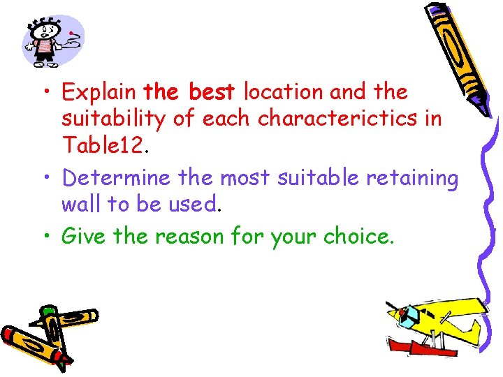  • Explain the best location and the suitability of each characterictics in Table