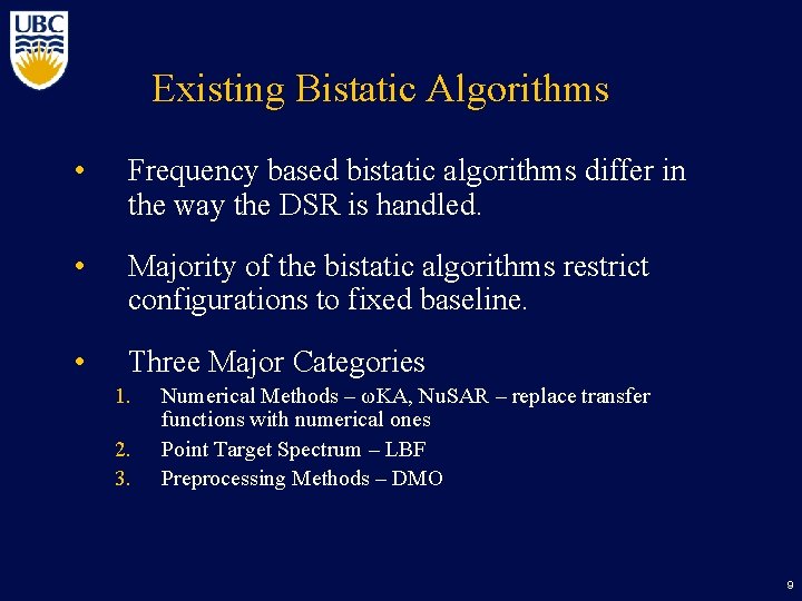 Existing Bistatic Algorithms • Frequency based bistatic algorithms differ in the way the DSR
