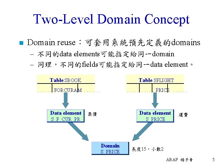 Two-Level Domain Concept n Domain reuse：可套用系統預先定義的domains – 不同的data elements可能指定給同一domain – 同理，不同的fields可能指定給同一data element。 Table SBOOK