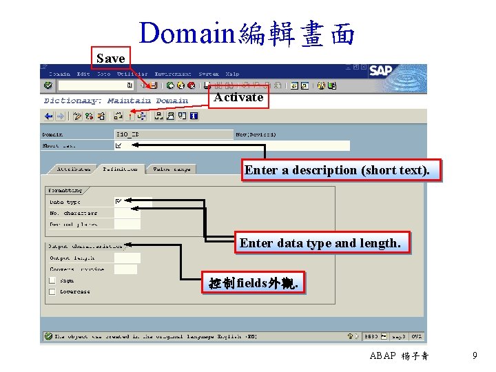Domain編輯畫面 Save Activate Enter a description (short text). Enter data type and length. 控制fields外觀.