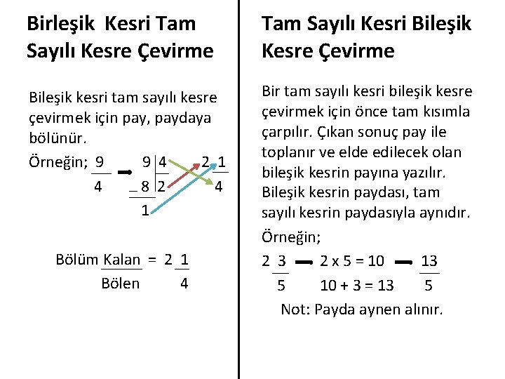 Birleşik Kesri Tam Sayılı Kesre Çevirme Tam Sayılı Kesri Bileşik Kesre Çevirme Bileşik kesri