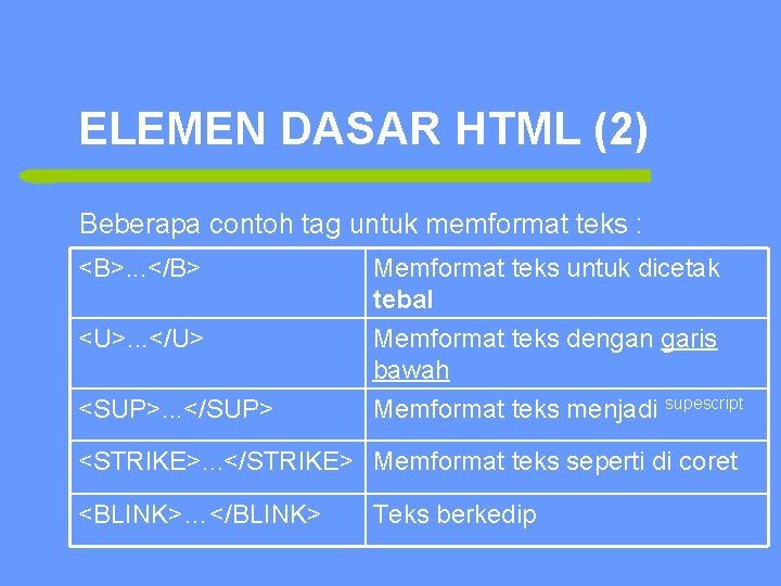 ELEMEN DASAR HTML (2) Beberapa contoh tag untuk memformat teks : <B>. . .