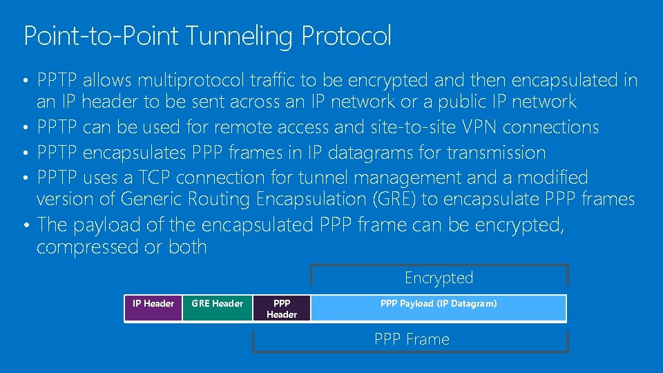 Point-to-Point Tunneling Protocol • PPTP allows multiprotocol traffic to be encrypted and then encapsulated Point-to-Point Tunneling Protocol • PPTP allows multiprotocol traffic to be encrypted and then encapsulated